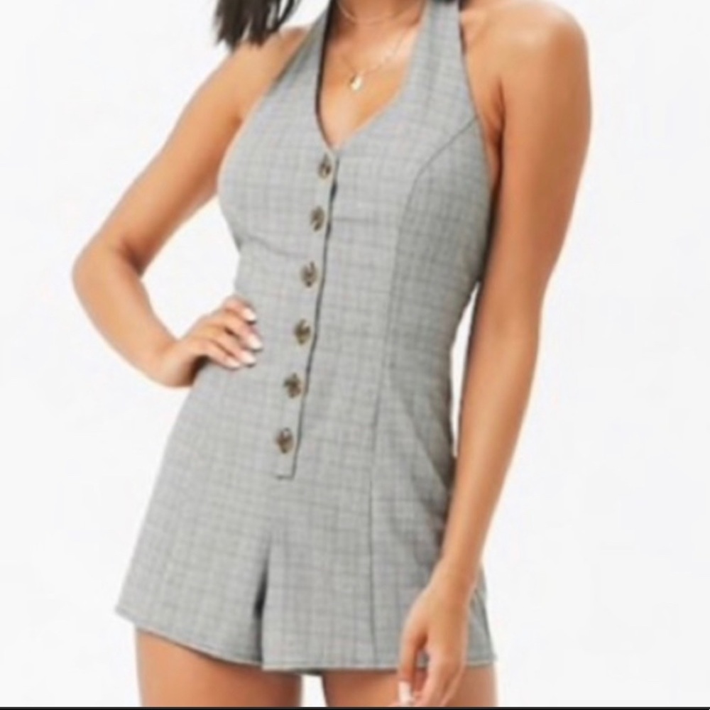 Forever 21 Gray Plaid Button Up Halter Romper Size M